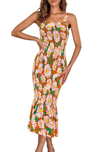 PRETTYGARDEN Women's Summer Floral Midi Tank Dress Sleeveless Strappy Ruffle Hem Smocked Bodycon Dresses (Orange Floral,Large) - Image 1