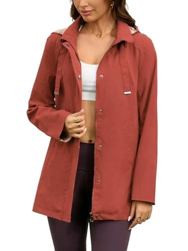 MODERN BUBBLE Womens Long Hooded Rain Jacket Waterproof Outdoor Hiking Raincoat Windbreaker Lightweight Trench Coat (US, Alpha, Small, Regular, Regular, Brick-Red) - Image 1