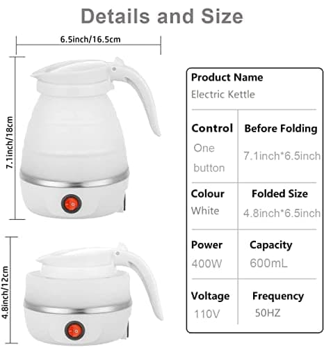 Foldable Electric Kettle, Upgraded Food Grade Silicone,600W 600ML Flash Heat Small Portable Travel Electric Kettle,110V US Plug (Snow-White) - Thumbnail 2