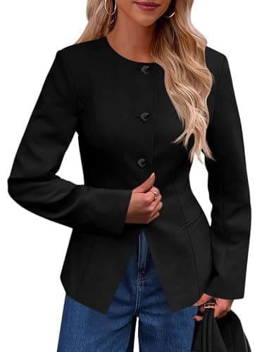 Cicy Bell Womens Business Casual Fitted Blazers Collarless Split Hem Work Office Button Down Suit Jackets Black - Image 1