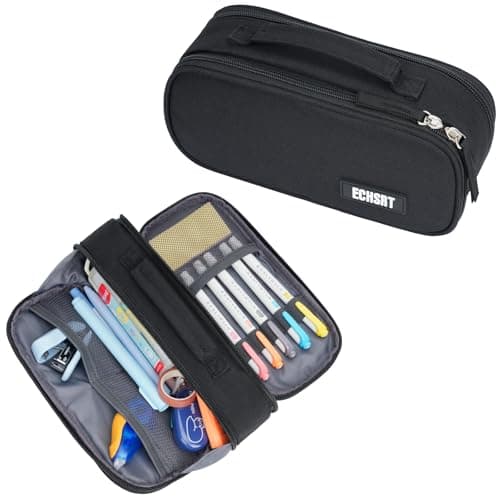 ECHSRT Tactical Pencil Case for Boy, Extra Large Capacity Camo Pencil Pouch for Men Adults, 3 Compartment Zipper Pen Case, Small Tool Bag Organizer for School Office Travel - Black - Image 1