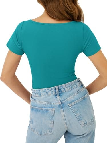 GKBK Boat Neck Tops for Women Ribbed Short Sleeve T-Shirts Slim Fitted Tight Compression Top Soft Y2K Basic Casual Going Out Tops for Spring Summer 2026 Trendy Fashion Outfits Cyan - Thumbnail 5