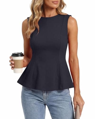 BTFBM Womens Summer Tops 2026 Business Casual Outfits Crew Neck Sleeveless Shirts Slim Fit Peplum Tank Top(Dark Grey, Large) - Image 1