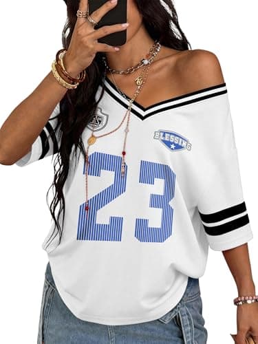 TAKEYAL Jersey Shirts for Women Oversized V Neck Graphic Tshirts Vintage Streetwear Summer Y2K Clothes Large White - Image 1