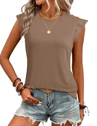 JUSTFASHIONNOW Womens Sleeveless Lace Trim Tops Flutter Ruffle Cap Sleeve Blouses Dressy Summer Casual T-Shirt Khaki - Image 1