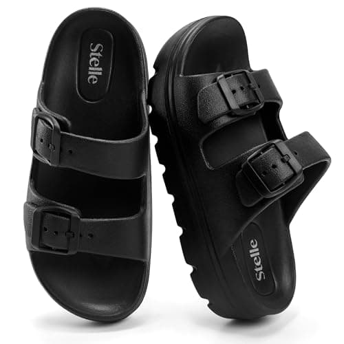 Stelle Girls Double Buckle Slide Sandals Boy Slippers Kids Summer Shoes Shower Beach Pool Slip on Clouds(Black,4MB) - Image 1