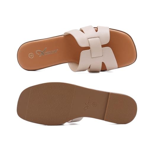 Athlefit Flat Sandals for Women Dressy Summer Square Open Toe Nude Sandals Comfortable Slip On Leather Slides Size 7 - Thumbnail 4