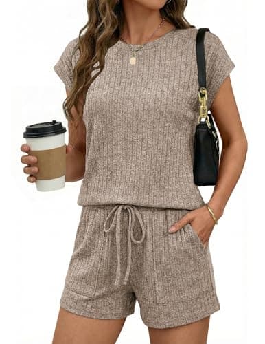 Ekouaer Rompers for Women Summer Casual Cap Sleeve Crewneck Short Pants Jumpsuit Beach Vacation Outfit with Pockets Khaki L - Image 1