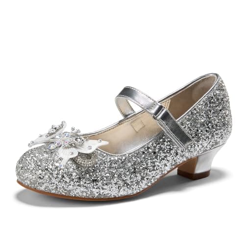 PATPAT Girls Dress Shoes Size 2 Big Kid, Silver Sparkle Shoes with Butterfly Hair Clips, Sequins Rhinestones Bowknot Princess Low Heels Mary Jane Footwear Heels for Girls Dress Up - Image 1