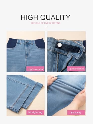 BLENCOT Women's Maternity Baggy Jeans Stretchy Wide Leg Jeans Side Panel Loose Pregnancy Denim Pants with Pockets Beau Blue L - Thumbnail 5