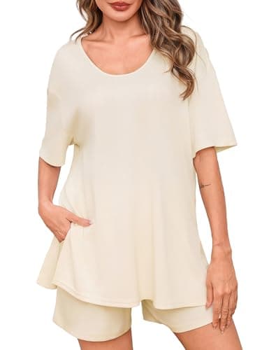 Totatuit Women's 2 Piece Lounge Sets Oversized U Neck T-Shirt and High Waisted Bermuda Shorts with Pockets Summer Matching Outfits for Travel Beige Small - Image 1