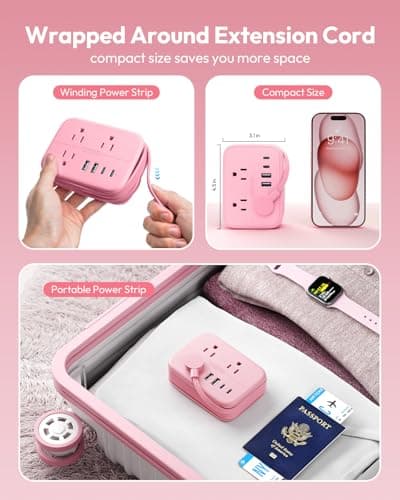 NTONPOWER Pink Extension Cord, Travel Power Strip, 6 Outlets 4 USB Ports(2 USB C), 4ft Extension Cord Wrapped Around Small Power Strip, Compact for Travel, Hotel, Cruise Approved, White - Thumbnail 2