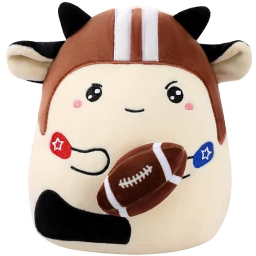 SEAOPOP Cowdy Blitz Football Stuffed Animal, 8 Inch Plush Cow Toy in Helmet Holding Rugby, Cute Sport Plushie Pillow, Gifts for Kids Boys Girls, Room Party Sports Game Day Decor Birthday - Image 1