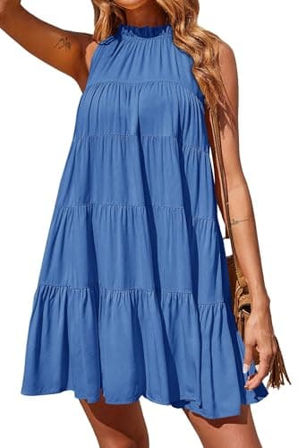 Okiwam Womens Summer Halter Dresses Sleeveless A Line Tiered Swing Mini 2025 Fall Casual Boho Beach Vacation Sundress-S Sky Blue - Image 1