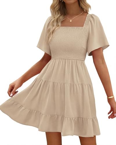 BTFBM Womens Summer Smocked Mini Dress Spring Square Neck Flutter Sleeve Casual Ruffle Swing Boho Beach Dresses Pockets(Khaki, Medium) - Image 1