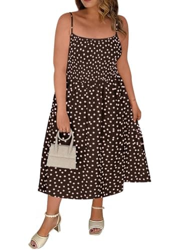 Beautife Women's Plus Size Midi Dress Summer Polka Dot Square Neck Long Dresses Spaghetti Strap Smocked Beach Sundress - Image 1