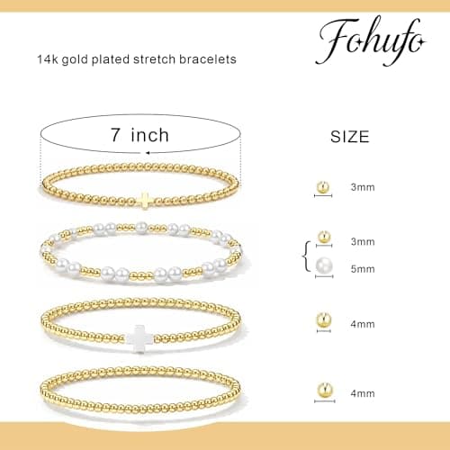 Fohufo Easter Gifts for Women - 14K Gold Plated Bracelets Sets for Women, Cross/Pearl Beaded Bracelets Jewelry, Easter Gifts Basket Stuffers - 4 Pcs Cross Bracelet - Thumbnail 5