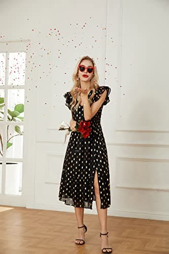 GRACE KARIN 2026 Womens Summer Dresses V Neck Ruffle Sleeve Floral Boho Beach A-Line Dress Black-Polka Dot XX-Large - Thumbnail 3