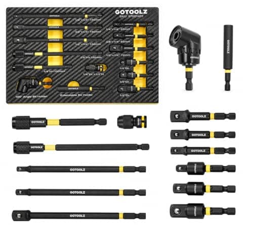 14PC Impact Socket Adapter Set, 1/4" 3/8" 1/2" Square Drive Converter, Quick Release Magnetic Drill Bit Extension Rod, 360° Swivel Universal Joint & 105° Right Angle Drill Attachment