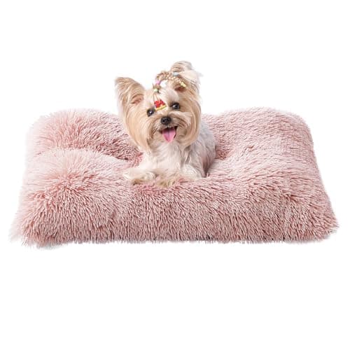 EHEYCIGA Fluffy Dog Bed, Plush Faux Fur Crate Pad, Calming Anti Anxiety Small Dog Bed, Washable Soft Warm Crate Mat with Non-Slip Bottom, Pink - Image 1