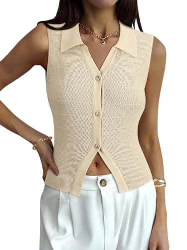 ZXZY Vest Tops for Women Gold Button Down V Neck Tops Collared Sleeveless Sweaters Trendy Slim Fits Cardigan Beige Summer Casual Tank Tops Size XL - Image 1