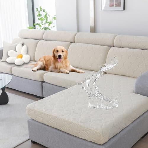 Genina 100% Waterproof Couch Cushion Covers for Pets - L Shape Chaise Lounge Cover Stretch Seat Chaise Couch Cover Jacquard Non Slip Sectional Couch Covers Sofa Slipcovers Washable (1 Piece, Ivory) - Image 1