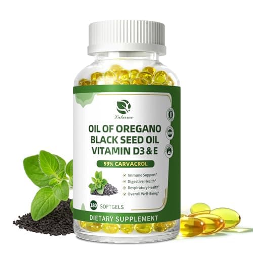 Organic Oregano Oil Capsules with Black Seed Oil, Ultra-Concentrated 99% Carvacrol, 5-in-1 with Vitamin D3 E Black Pepper, Immune, Respiratory, Digestive & Antioxidant*, 180 Softgels, Easy to Swallow - Image 1