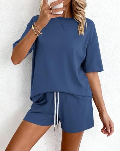 Zenlonr Women's Two Piece Lounge Sets 2026 Summer Casual Oversized Shirts Shorts Matching Airport Travel Outfit(Blue,Medium) - Thumbnail 2