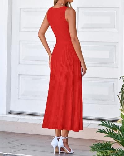 BTFBM Women Tank Midi Dress Summer Crewneck Sleeveless Pleated A Line Business Casual Formal Sweater Spring Dresses 2026(Brick Red, Small) - Thumbnail 3