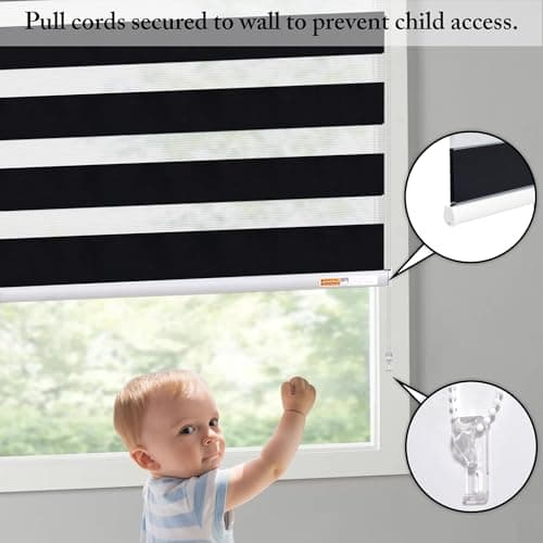 GHV Zebra Blinds for Windows Corded Blackout Dual Layer Privacy Shades Light Control for Day and Night Home Office (Black, 28 in (W) x 64 in (H)) - Thumbnail 3
