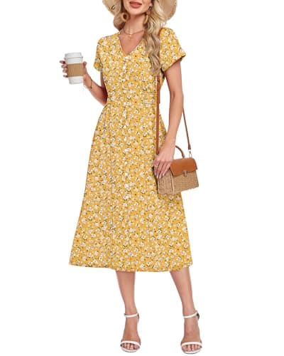 MOLERANI 2026 Women's Short Sleeve Summer Casual V Neck Midi Dress Waffle Knit Elastic Waist Pockets Flowy Maxi Boho Dresses for Beach Party Resort Vacation Outfits Floral, YE S Floral, XL - Image 1