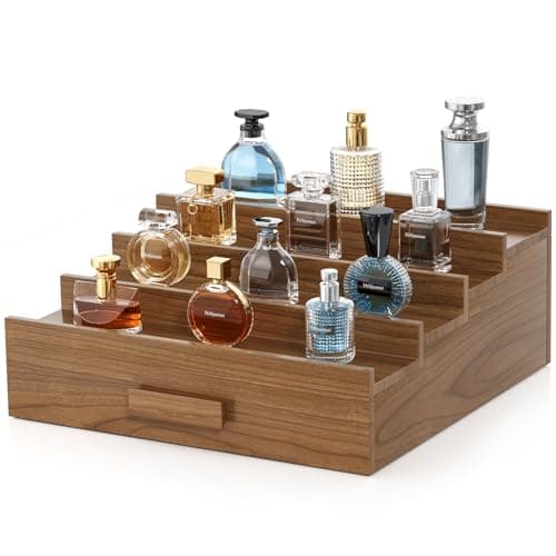 Hrbjunuo Solid Walnut Cologne Organizer for Men,4 Tier Cologne Stand,Wooden Cologne Holder Display Shelf with Drawer Storage and Hidden Compartment,Perfume Stand Organizer,Gift for Men Dad Husband - Image 1