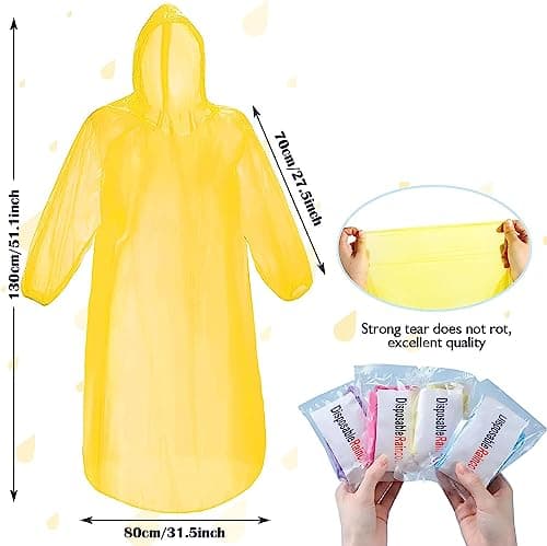 12 Pack Clear Rain Ponchos with Hood for Adults, Family, 3 Colors 51.1 Inches Emergency Raincoats (12, Red+ Yellow+ Blue) - Thumbnail 3