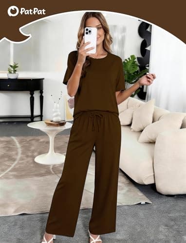 PATPAT Lounge Sets for Women Short Sleeve Pajama Set Soft Comfy Elastic Pjs 2 Piece Loungewear Outfits with Pockets Brown, M - Thumbnail 2
