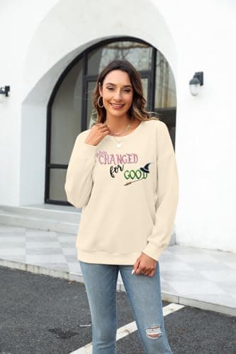 KIMSOONG Musical Movie Sweatshirt for Women: Changed for Good Embroidered Long Sleeve Crewneck Loose Pullover Top Apricot - Thumbnail 4
