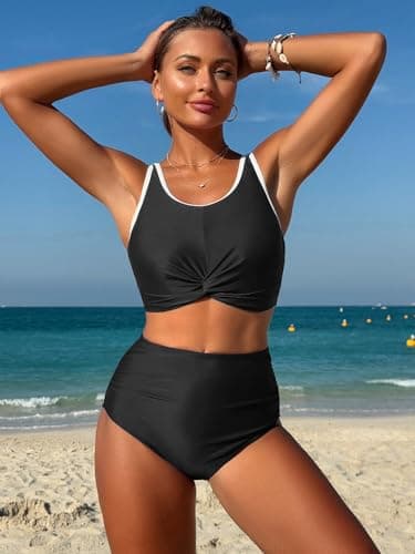ZAFUL Tummy Control Swimsuit for Women 2025 Modest Bikini Sets Twist Knot Ruched Two Piece Bathing Suit Push Up Full Coverage Bikini Top with High Waisted Bikini Bottoms Sporty Swimwear Black M - Thumbnail 5