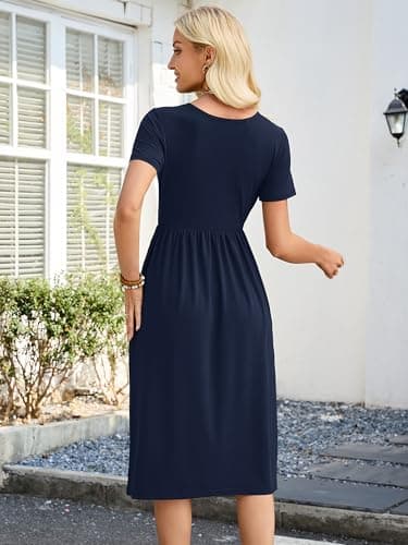 Heymoments Ladies Dresses Navy Blue Large Wedding Guest Crewneck Short Sleeve A line Casual Flowy Swing Cocktail Slimming Birthday Party Summer Travel Long Midi Dresses with Pocket - Thumbnail 4