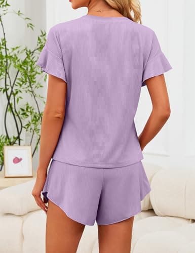 JUSTFASHIONNOW Women's Pajama Set Ruffle Sleeves Top and Short Soft 2 Piece Loungewear Set Purple - Thumbnail 6