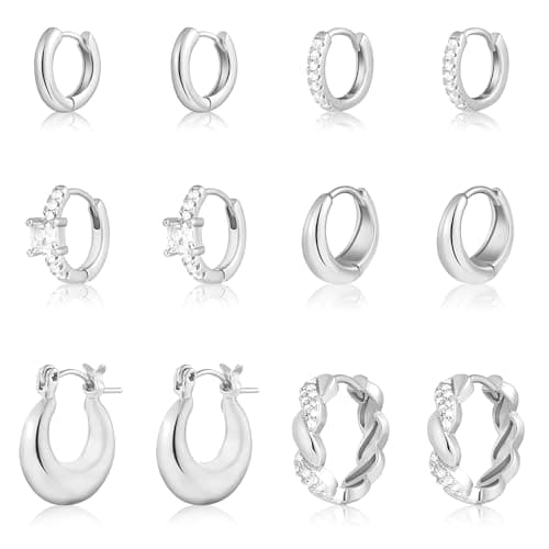 Wgoud Small Gold Hoop Earrings Set for Women, 6 Pairs 14K Gold Plated Hypoallergenic Lightweight Huggie Hoops Earrings, Trendy Cartilage Cubic Zirconia Earrings for Women Gifts. (G-Silver hoops) - Image 1