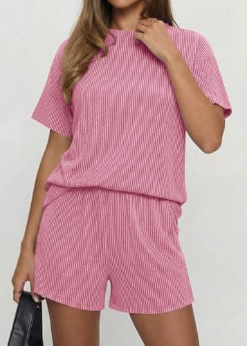 KIRUNDO Two Piece Sets for Women Dressy Casual Ribbed Knit Short Sleeve Top Matching Shorts Lounge Set 2026 Summer Outfits(Pink, Large) - Thumbnail 4
