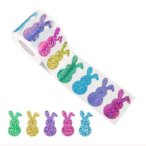 Oeyliz Easter Bunny Stickers Roll Easter Glitter Bunny Stickers Sparkly Colorful Rabbit Pattern Decals Easter Rabbit Adhesive Decal for Envelope Cards Gift Decor Holiday DIY Craft 500 PCS - Image 1