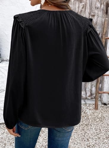 Dokotoo Women Blouses Fashion Summer Ruffle Round Neck Button Down Shirts Work Tops for Women Trendy Smocked Boho Tops Elegant School Outfits for Teachers Women's Clothing Black Medium - Thumbnail 5