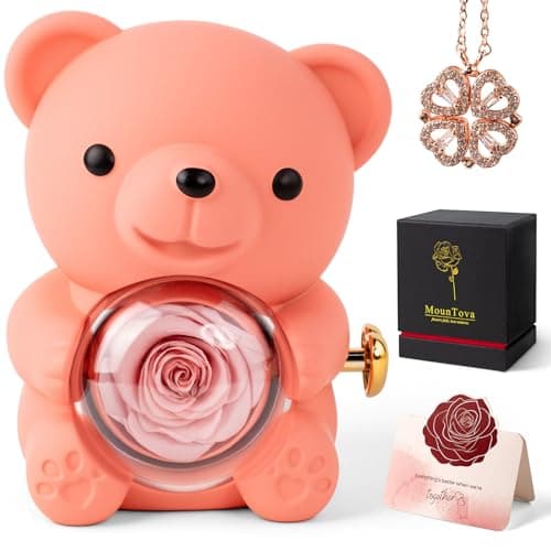 mountova Teddy Bear with Preserved Rose Flower in Bear with Necklace and Box for Women Romantic Bear Roses Gifts for Valentines Mothers Day Anniversary Day Birthday (Pink+premium Gift Box) - Image 1
