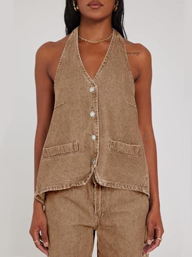 Tankaneo Womens Halter Denim Vest Tops Summer Open Back Y2K Going Out Tank Tops V Neck Button Down Jean Shirts - Thumbnail 4