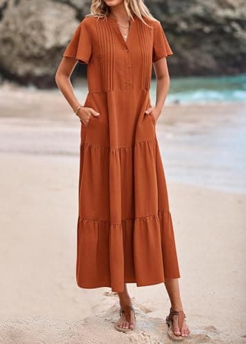 KIRUNDO Summer Maxi Dresses for Women 2026 Spring Fashion Short Sleeve Button V Neck Pleated Loose Tiered Swing Flowy Dress(Rust Red, X-Large) - Thumbnail 5