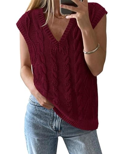 BTFBM Sweater Vest Women Oversized V Neck Cable Knit Casual Pullover Sweaters Fall Outfits 2025 Sleeveless Tops(Wine Red, Small) - Image 1