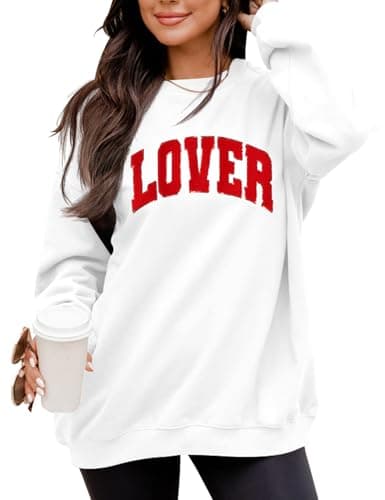 LETSEE Womens Crewneck Sweatshirt Cotton Long Sleeve Casual Pullover Tops Letter Lover(White, Medium) - Image 1