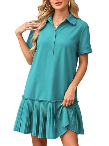 ECOWISH Women Summer Shirt Dress- V Neck Short Sleeve Casual Shift Dresses Button Down Mini Dresses with Pocket Jade Green XL - Image 1