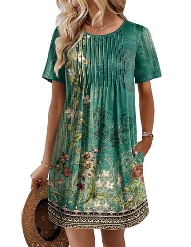 Ekouaer Swimsuit Coverup for Women 2026 Short Sleeve Bathing Suit Cover Ups Beach Summer T-Shirt Dresses with Pockets Green Floral - Image 1