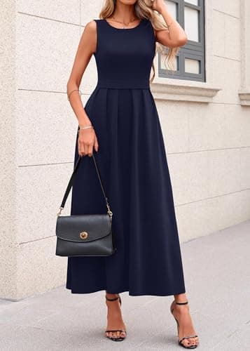 Lazysmile Summer Sleeveless Maxi Dresses for Women Mock Neck Pleated A Line Formal Cocktail Wedding Guest Dress Navy - Thumbnail 6